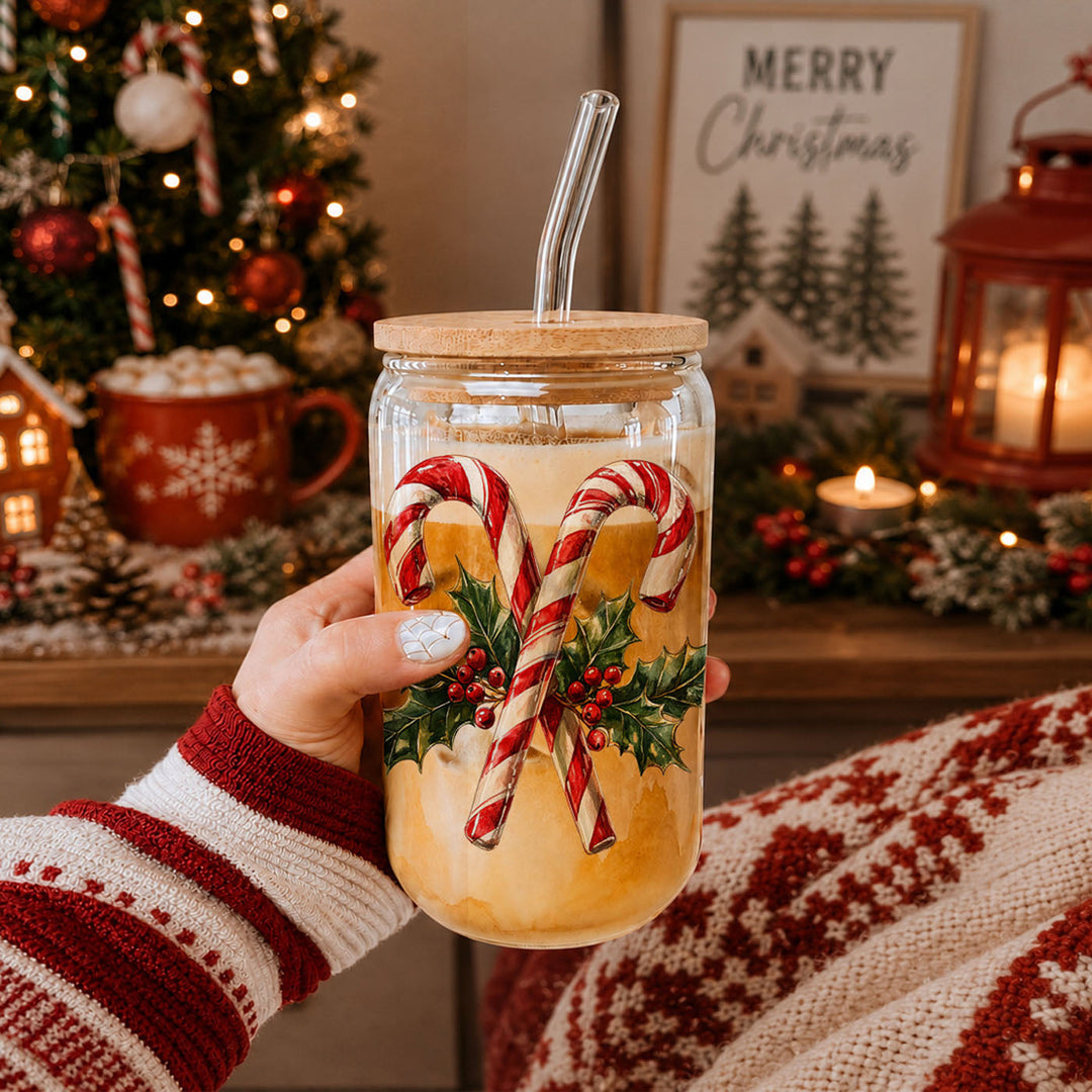Candy Cane Holly Glass Tumbler 17oz Christmas Holiday Fun Gift for Coffee Lovers