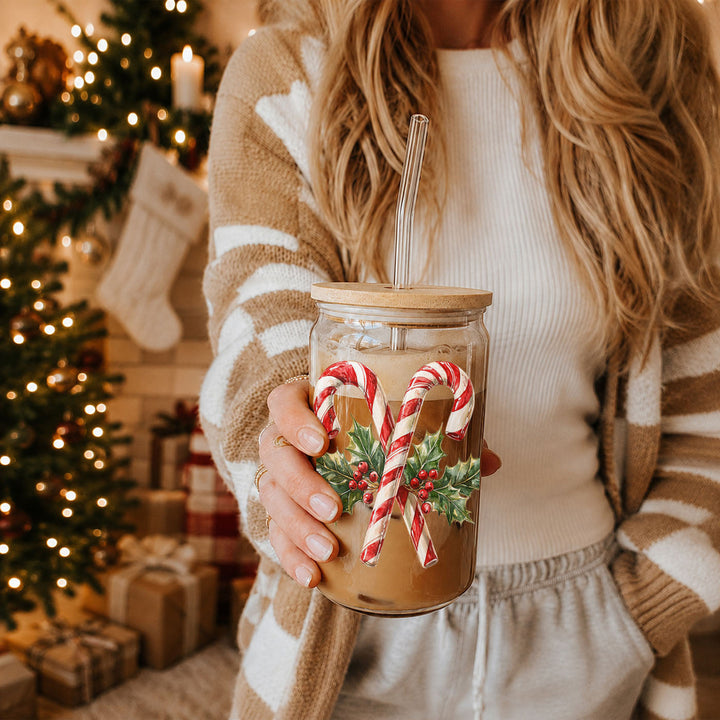 Candy Cane Holly Glass Tumbler 17oz Christmas Holiday Fun Gift for Coffee Lovers