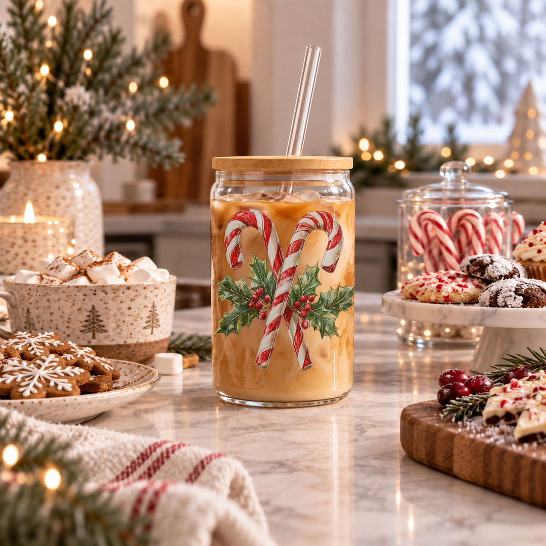 Candy Cane Holly Glass Tumbler 17oz Christmas Holiday Fun Gift for Coffee Lovers