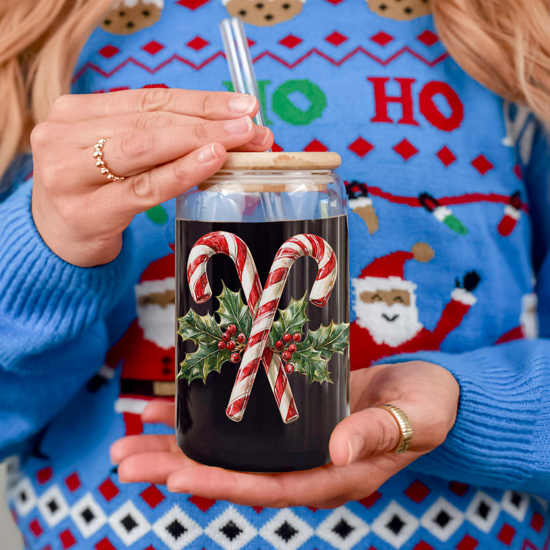Candy Cane Holly Glass Tumbler 17oz Christmas Holiday Fun Gift for Coffee Lovers