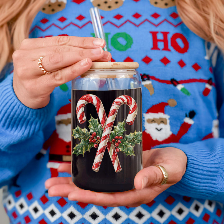 Candy Cane Holly Glass Tumbler 17oz Christmas Holiday Fun Gift for Coffee Lovers