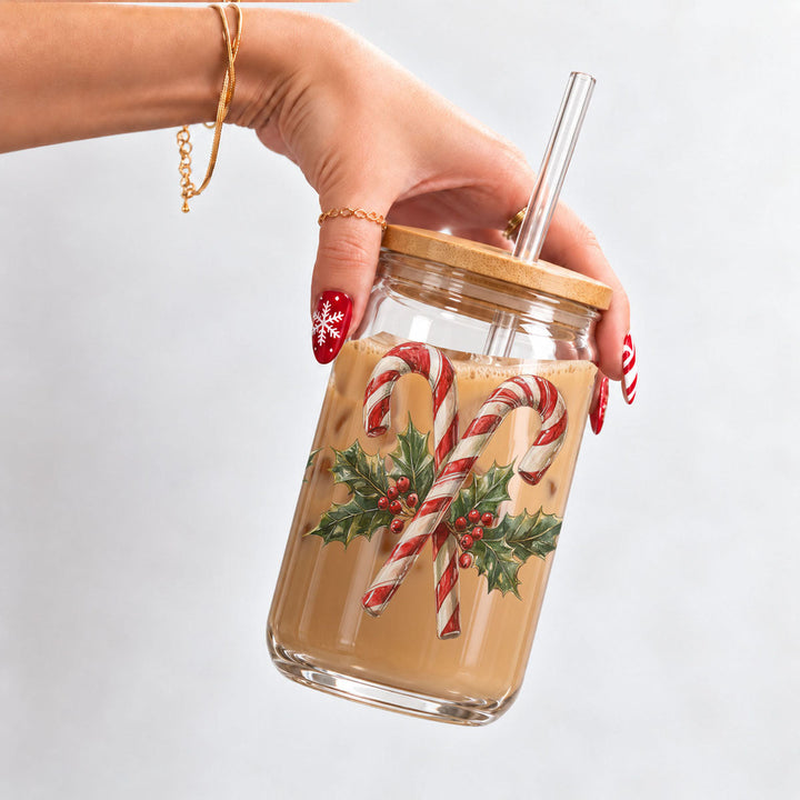 Candy Cane Holly Glass Tumbler 17oz Christmas Holiday Fun Gift for Coffee Lovers