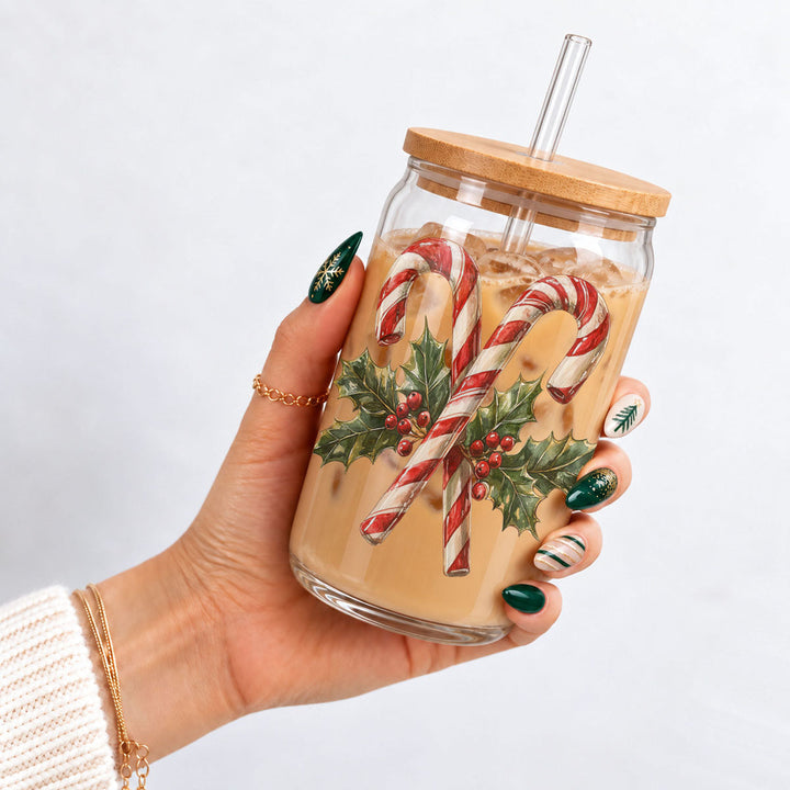 Candy Cane Holly Glass Tumbler 17oz Christmas Holiday Fun Gift for Coffee Lovers