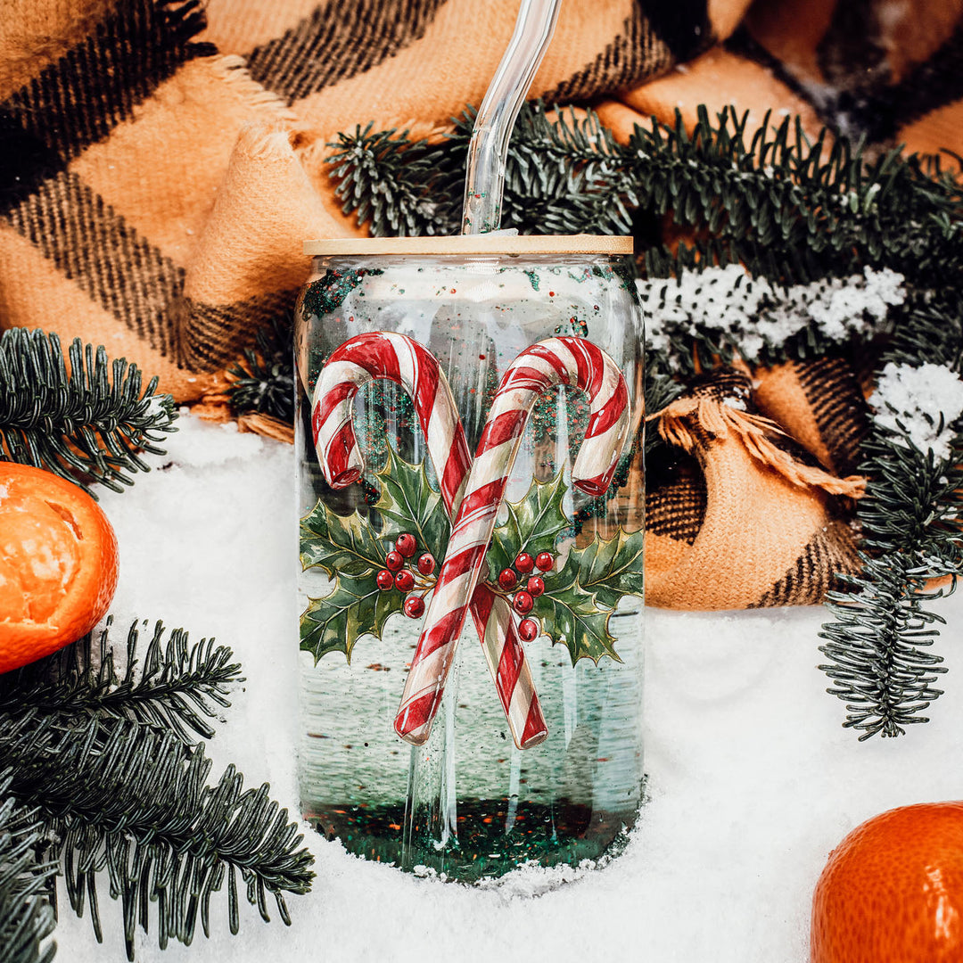 Candy Cane Holly Glass Tumbler 17oz Christmas Holiday Fun Gift for Coffee Lovers