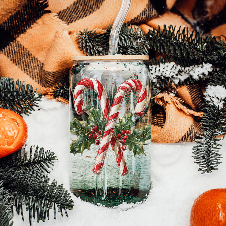 Candy Cane Holly Glass Tumbler 17oz Christmas Holiday Fun Gift for Coffee Lovers