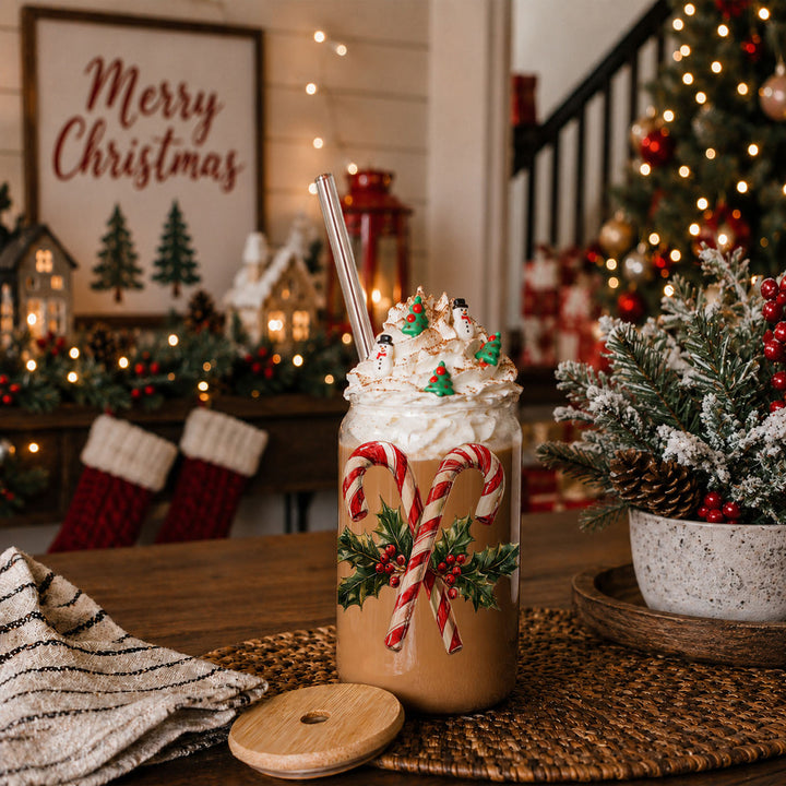 Candy Cane Holly Glass Tumbler 17oz Christmas Holiday Fun Gift for Coffee Lovers