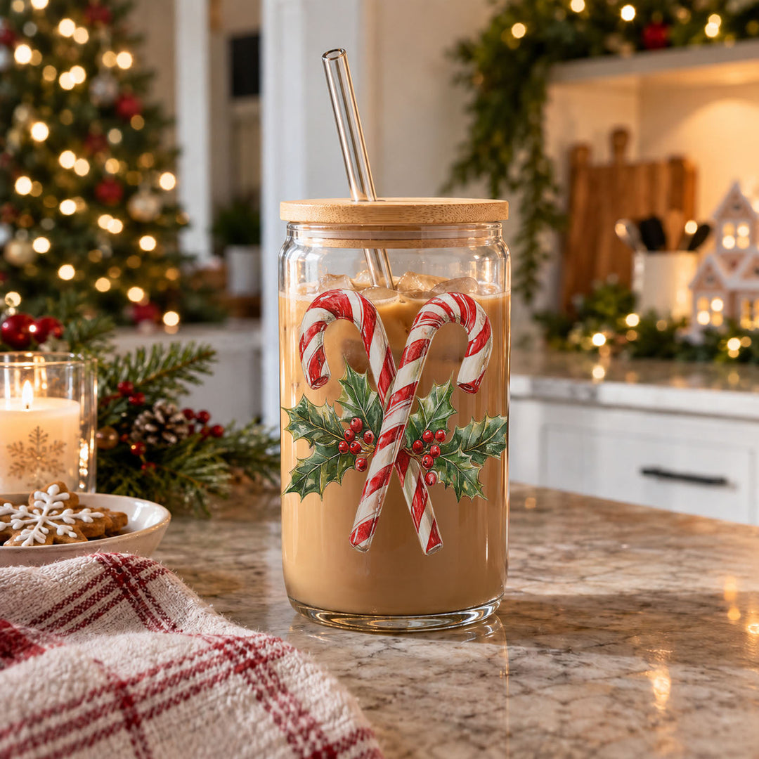 Candy Cane Holly Glass Tumbler 17oz Christmas Holiday Fun Gift for Coffee Lovers