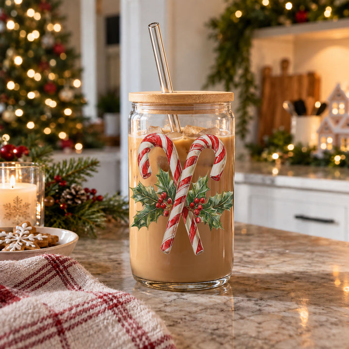 Candy Cane Holly Glass Tumbler 17oz Christmas Holiday Fun Gift for Coffee Lovers
