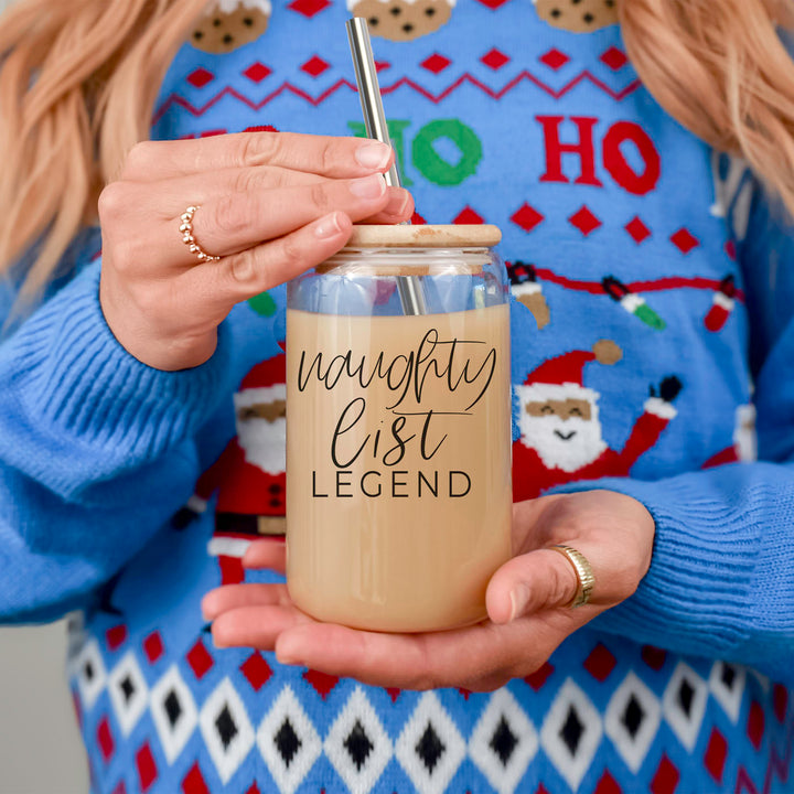 Naughty List Legend Glass Tumbler 17oz Funny Christmas Cheeky Gift for Friends