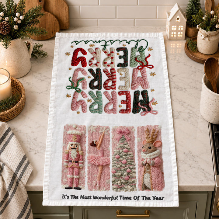 Nutcracker Pinks Christmas Kitchen Tea Towel Holiday Decor Fun Gift for Friends