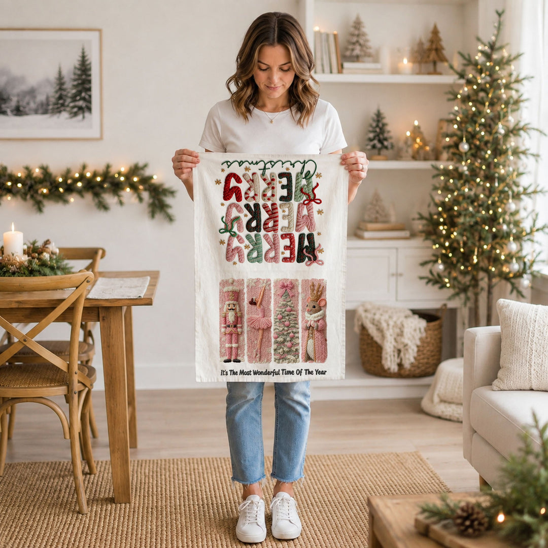 Nutcracker Pinks Christmas Kitchen Tea Towel Holiday Decor Fun Gift for Friends
