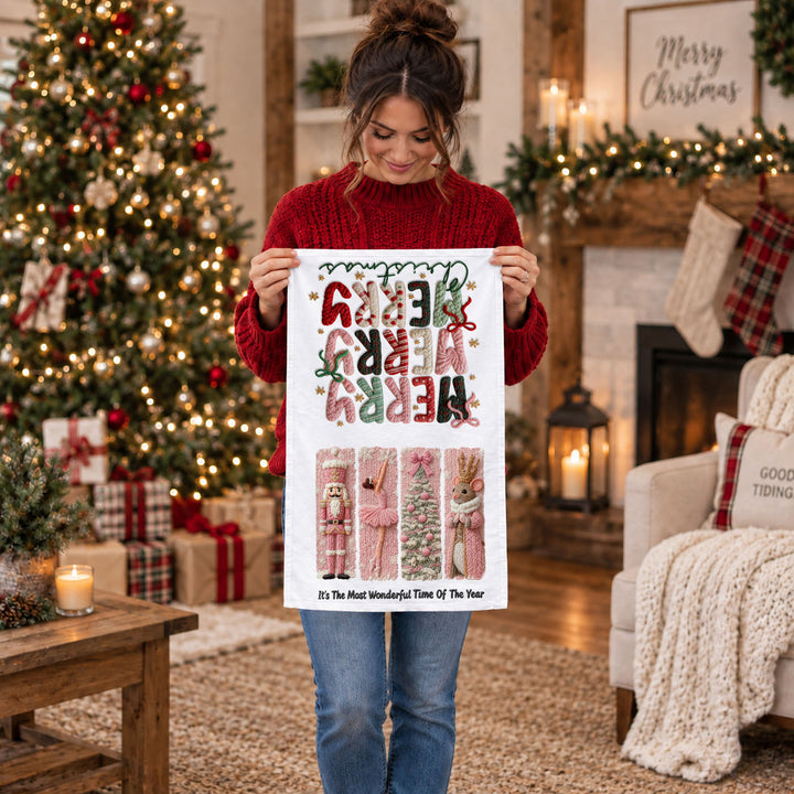 Nutcracker Pinks Christmas Kitchen Tea Towel Holiday Decor Fun Gift for Friends