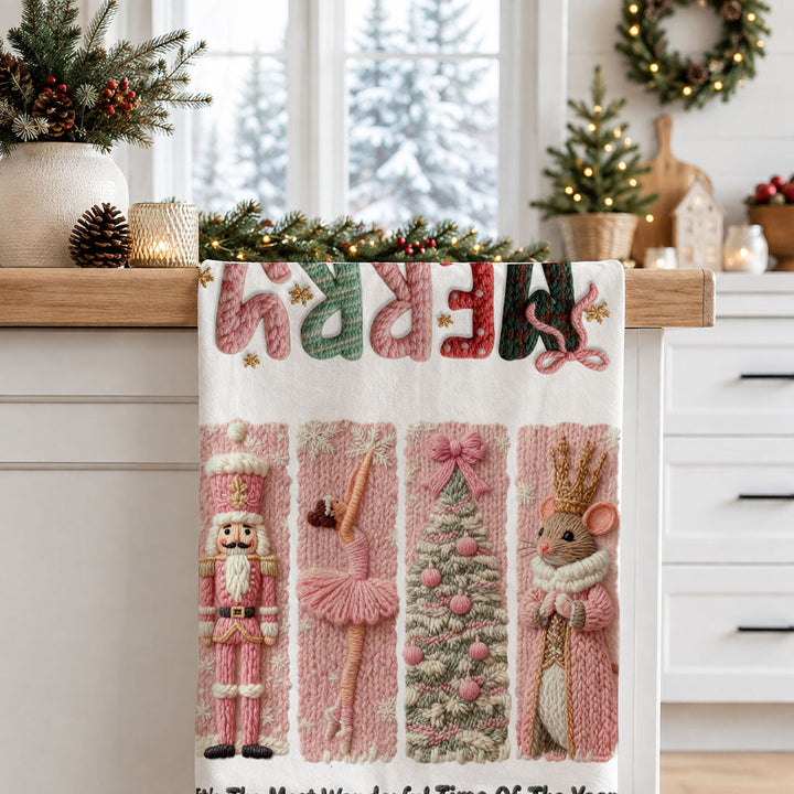 Nutcracker Pinks Christmas Kitchen Tea Towel Holiday Decor Fun Gift for Friends