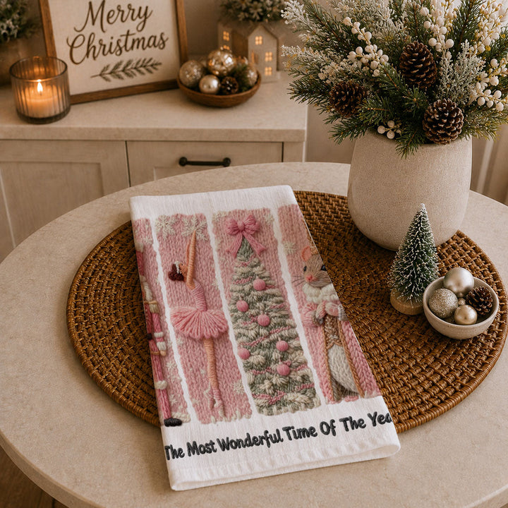 Nutcracker Pinks Christmas Kitchen Tea Towel Holiday Decor Fun Gift for Friends
