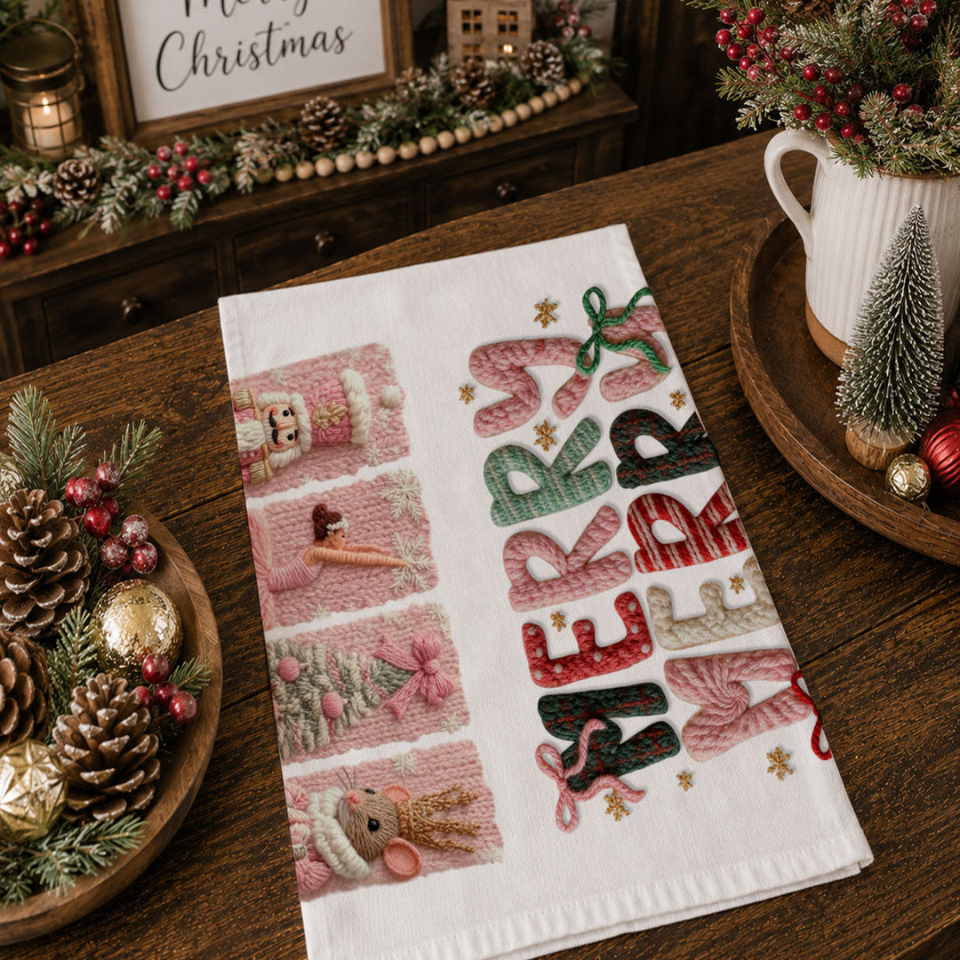 Nutcracker Pinks Christmas Kitchen Tea Towel Holiday Decor Fun Gift for Friends