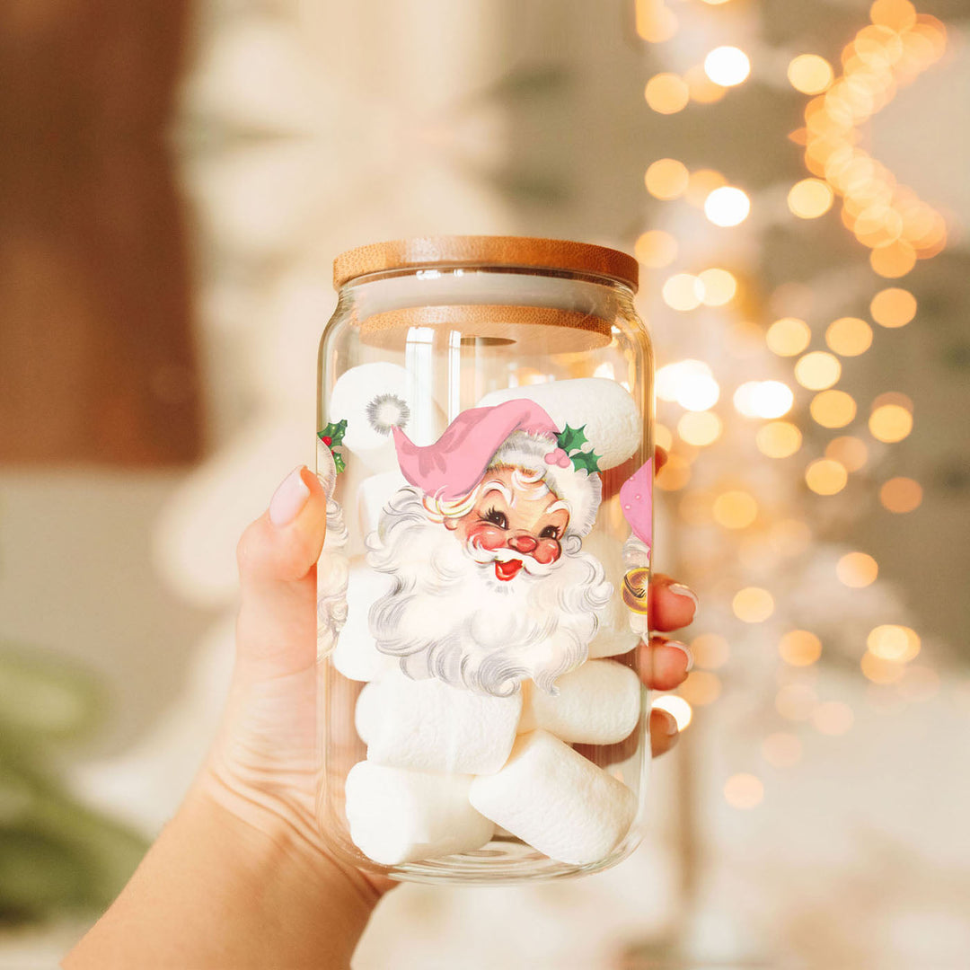 Vintage Pink Santa Glass Tumbler 17oz Christmas Holiday Great Gift for Friends