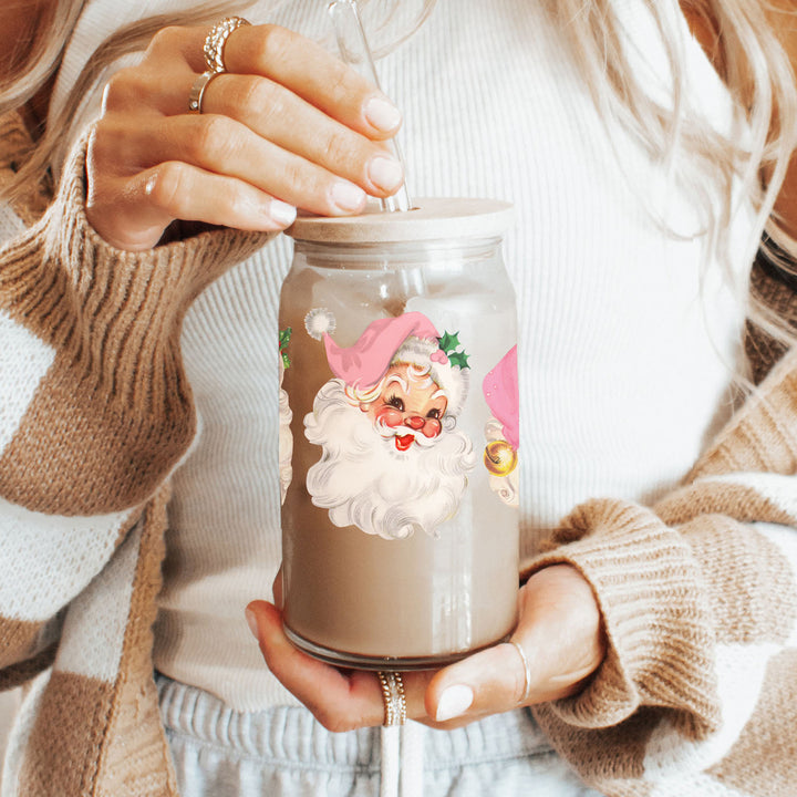 Vintage Pink Santa Glass Tumbler 17oz Christmas Holiday Great Gift for Friends