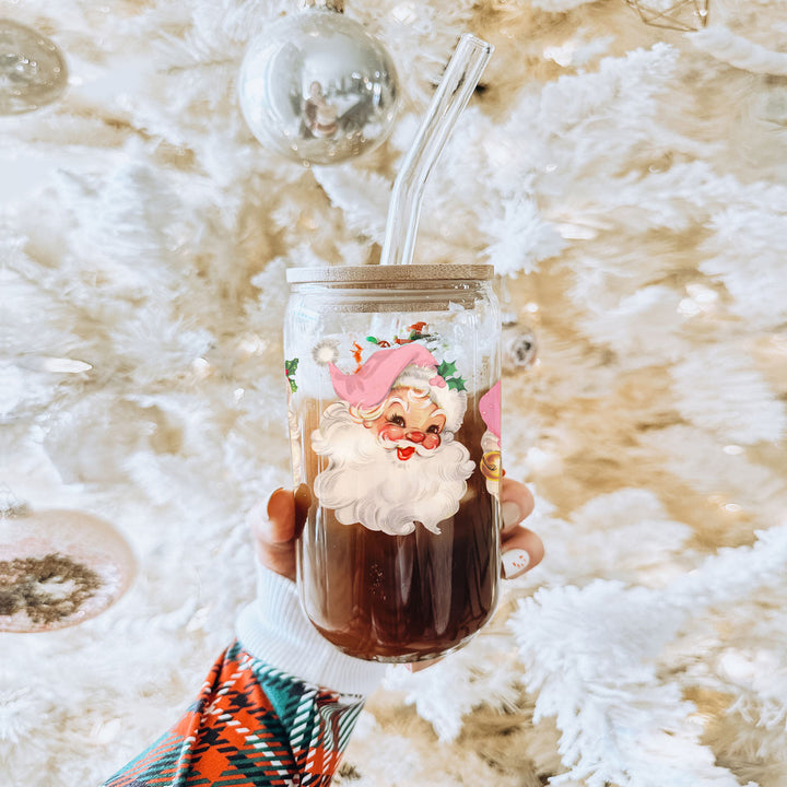 Vintage Pink Santa Glass Tumbler 17oz Christmas Holiday Great Gift for Friends