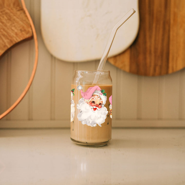 Vintage Pink Santa Glass Tumbler 17oz Christmas Holiday Great Gift for Friends