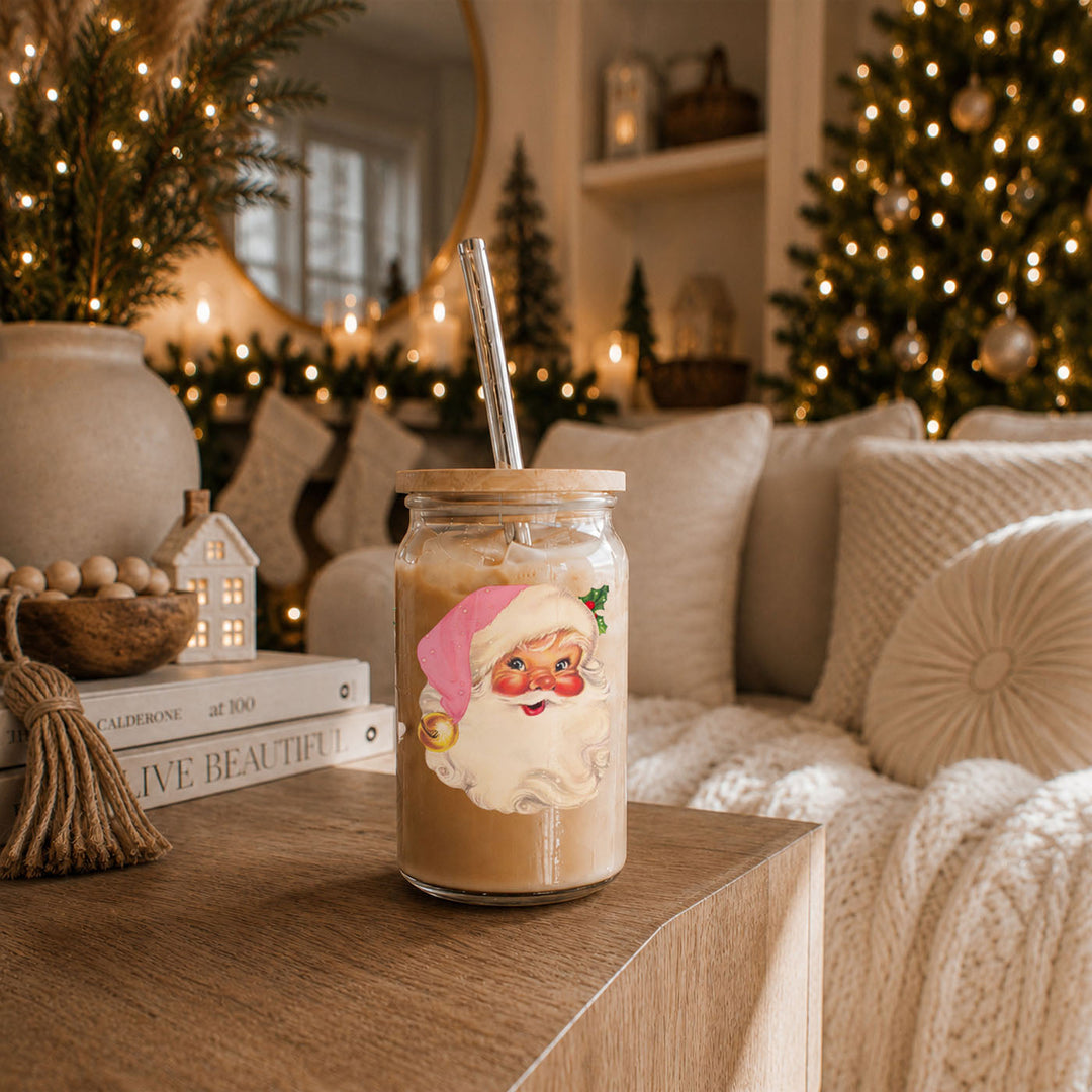 Vintage Pink Santa Glass Tumbler 17oz Christmas Holiday Great Gift for Friends