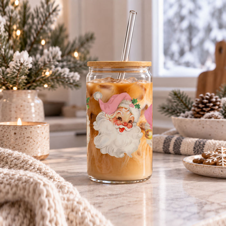 Vintage Pink Santa Glass Tumbler 17oz Christmas Holiday Great Gift for Friends