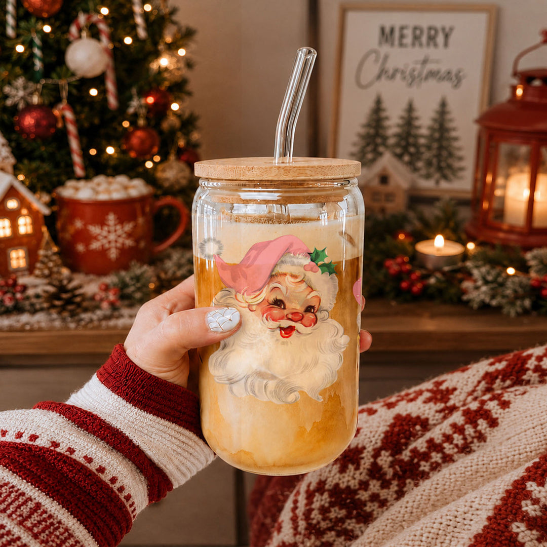 Vintage Pink Santa Glass Tumbler 17oz Christmas Holiday Great Gift for Friends