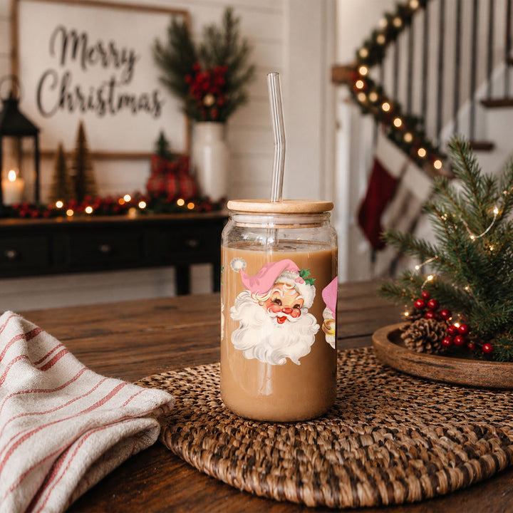 Vintage Pink Santa Glass Tumbler 17oz Christmas Holiday Great Gift for Friends