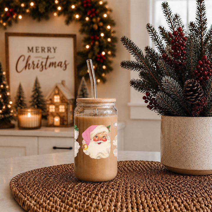 Vintage Pink Santa Glass Tumbler 17oz Christmas Holiday Great Gift for Friends