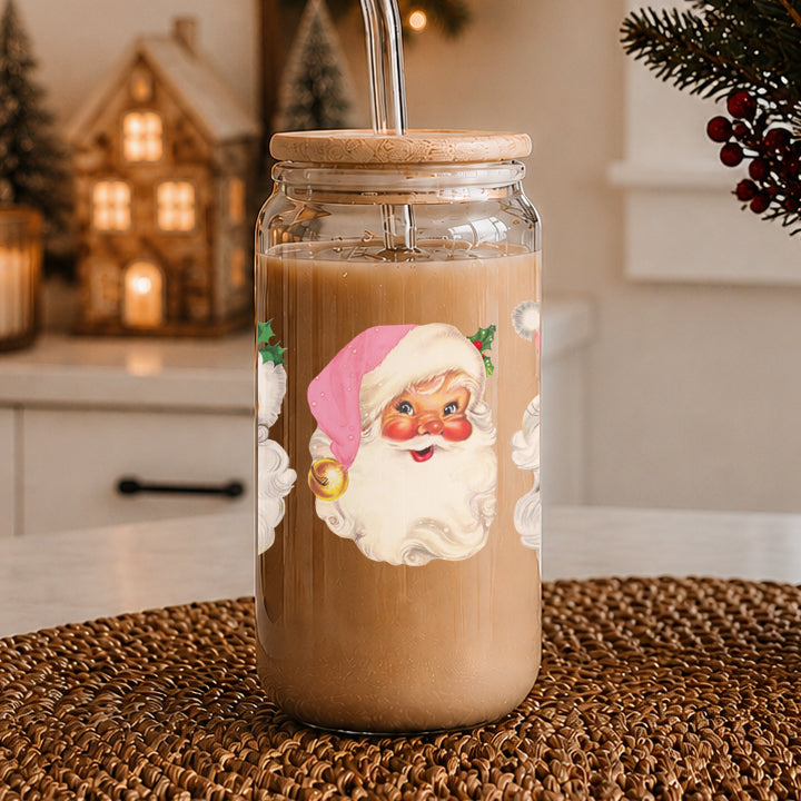 Vintage Pink Santa Glass Tumbler 17oz Christmas Holiday Great Gift for Friends