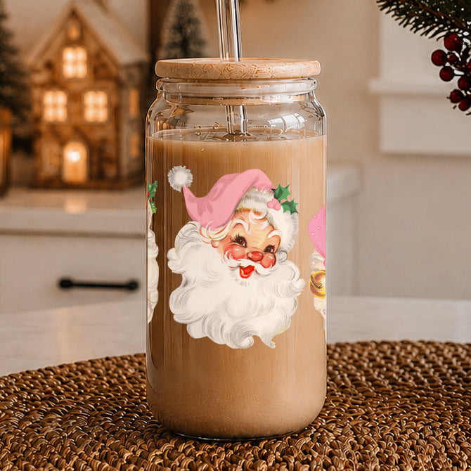 Vintage Pink Santa Glass Tumbler 17oz Christmas Holiday Great Gift for Friends