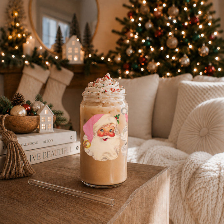 Vintage Pink Santa Glass Tumbler 17oz Christmas Holiday Great Gift for Friends