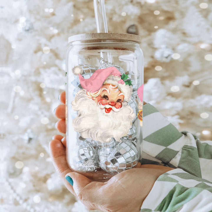 Vintage Pink Santa Glass Tumbler 17oz Christmas Holiday Great Gift for Friends