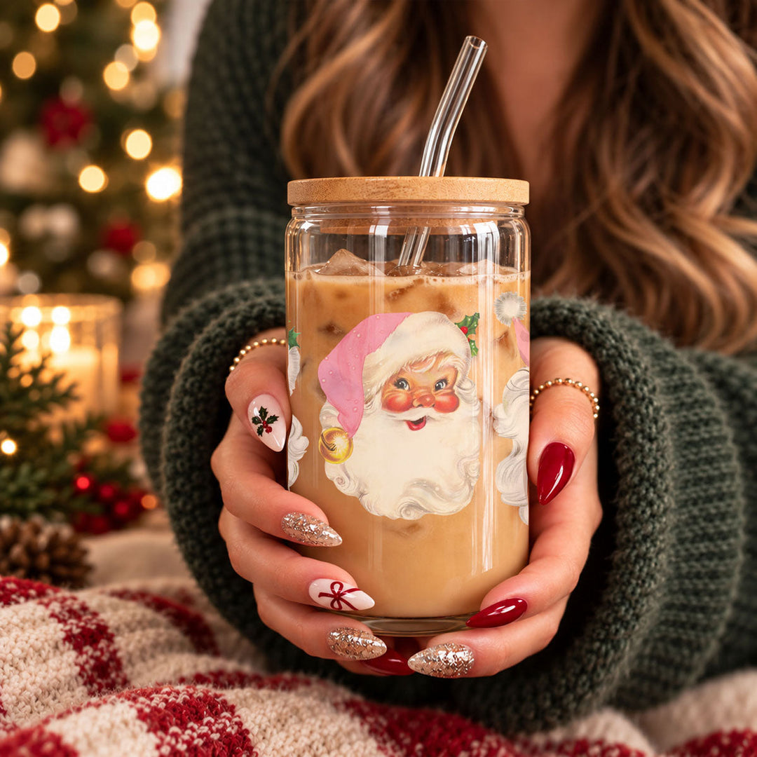 Vintage Pink Santa Glass Tumbler 17oz Christmas Holiday Great Gift for Friends