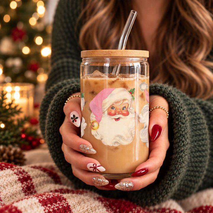 Vintage Pink Santa Glass Tumbler 17oz Christmas Holiday Great Gift for Friends