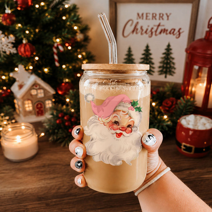 Vintage Pink Santa Glass Tumbler 17oz Christmas Holiday Great Gift for Friends