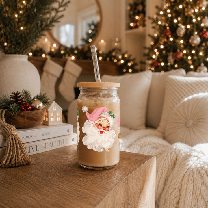 Vintage Pink Santa Glass Tumbler 17oz Christmas Holiday Great Gift for Friends