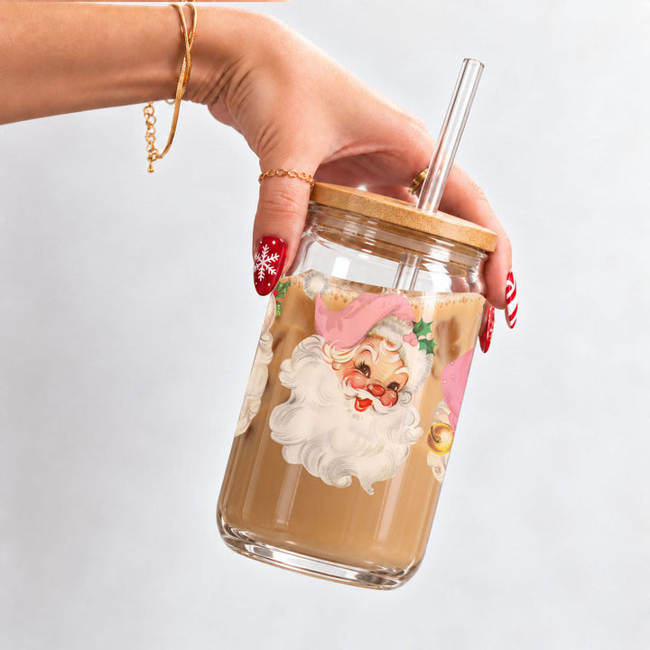 Vintage Pink Santa Glass Tumbler 17oz Christmas Holiday Great Gift for Friends