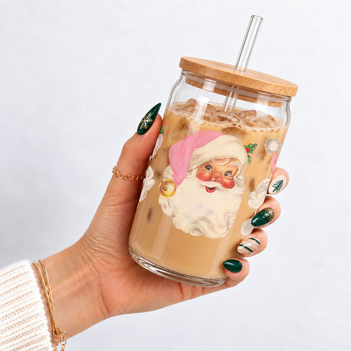Vintage Pink Santa Glass Tumbler 17oz Christmas Holiday Great Gift for Friends