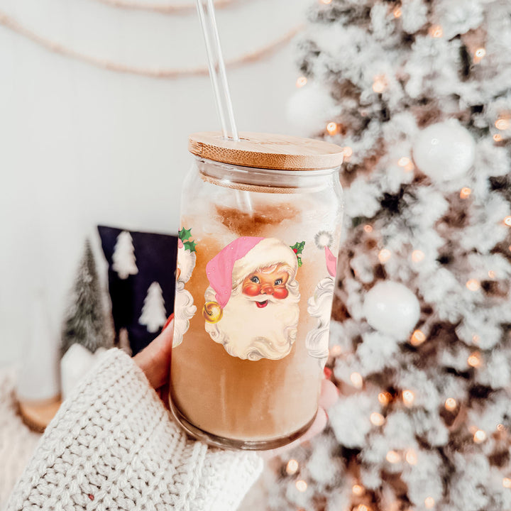 Vintage Pink Santa Glass Tumbler 17oz Christmas Holiday Great Gift for Friends
