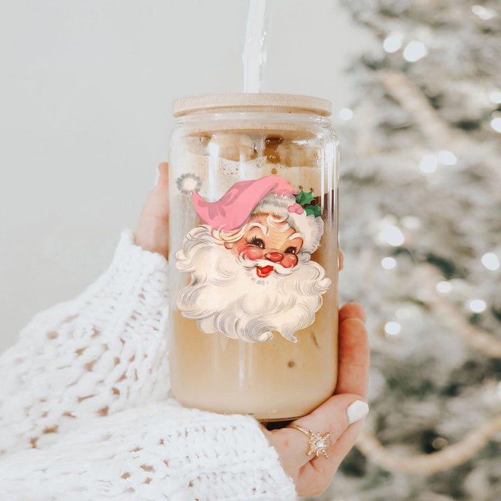 Vintage Pink Santa Glass Tumbler 17oz Christmas Holiday Great Gift for Friends