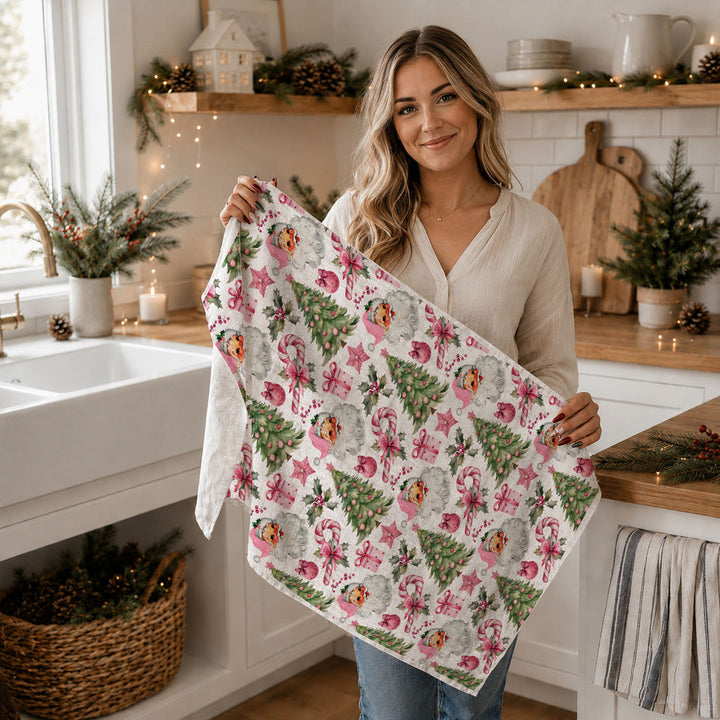 Pretty in Pinkmas Christmas Kitchen Tea Towel Pink Holiday Decor Great Gift Idea