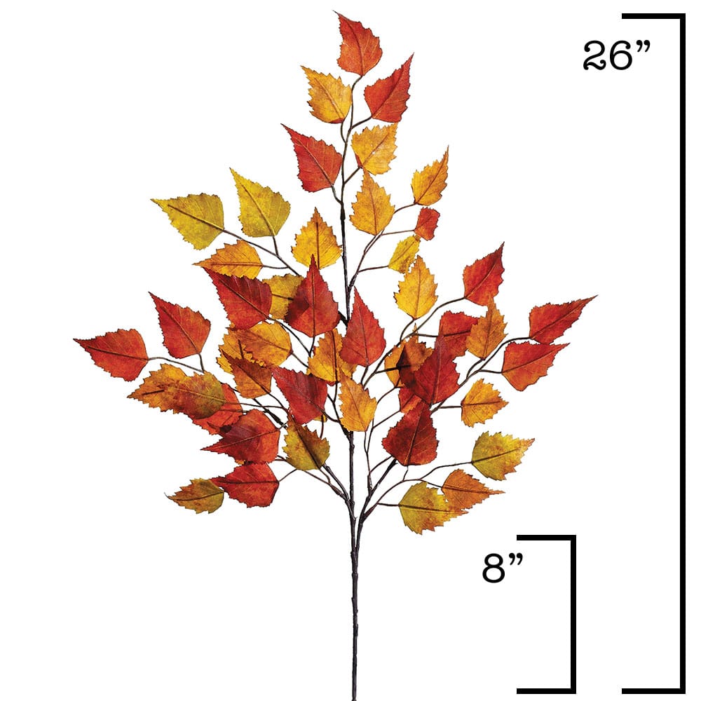 26" Faux Birch Leaf Stem Red / Orange / Yellow