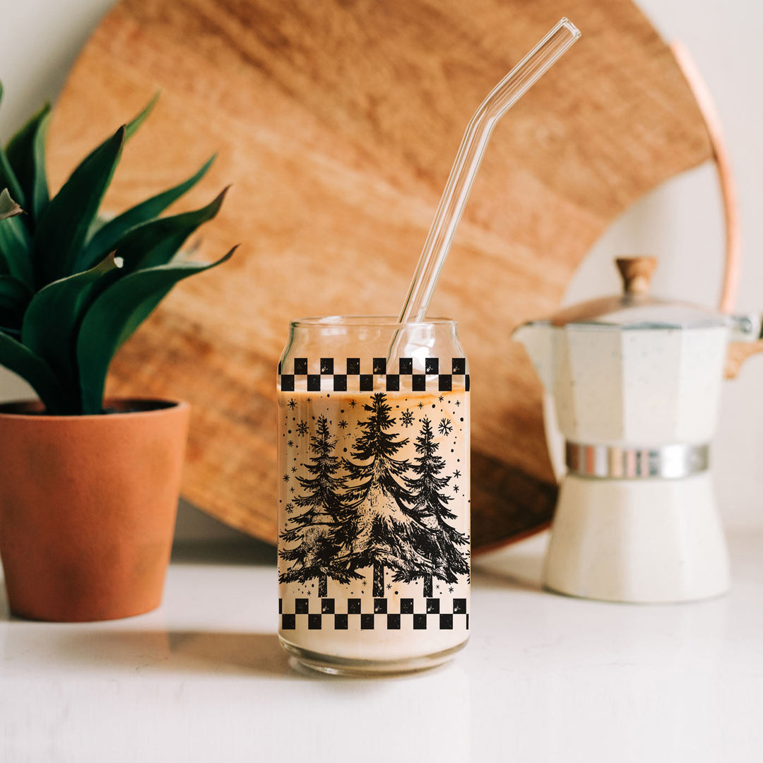 Retro Christmas Tree Glass Tumbler 17oz Bamboo Lid Straw Great Gift for Friends