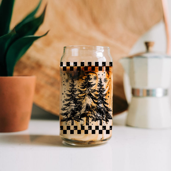 Retro Christmas Tree Glass Tumbler 17oz Bamboo Lid Straw Great Gift for Friends