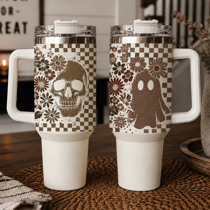 Retro Ghost Skull Tumbler 40oz Halloween Handle Lid Straw Great Gift for Friends