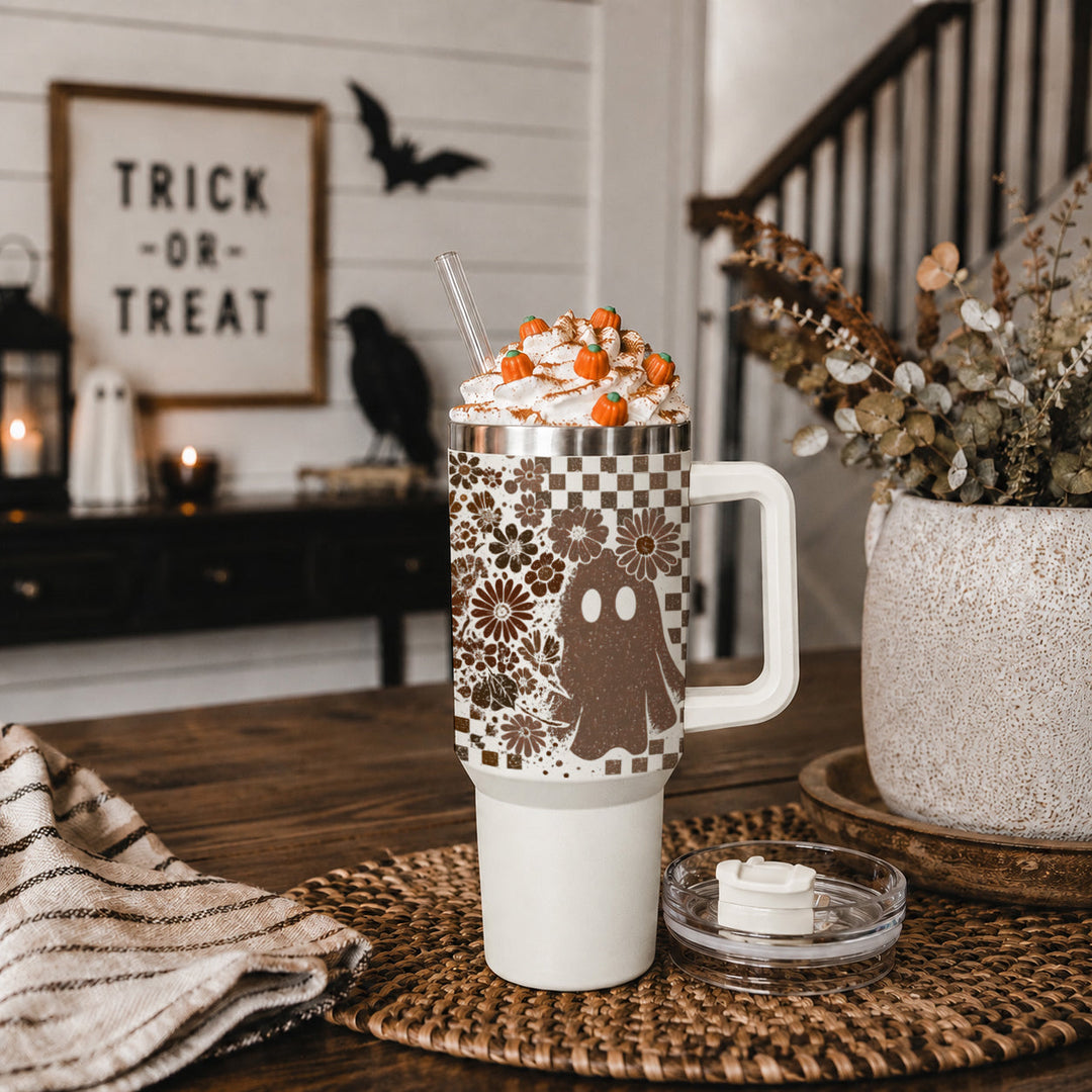 Retro Ghost Skull Tumbler 40oz Halloween Handle Lid Straw Great Gift for Friends