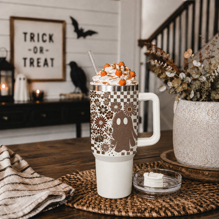 Retro Ghost Skull Tumbler 40oz Halloween Handle Lid Straw Great Gift for Friends