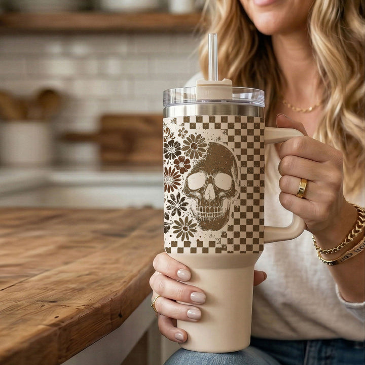 Retro Ghost Skull Tumbler 40oz Halloween Handle Lid Straw Great Gift for Friends