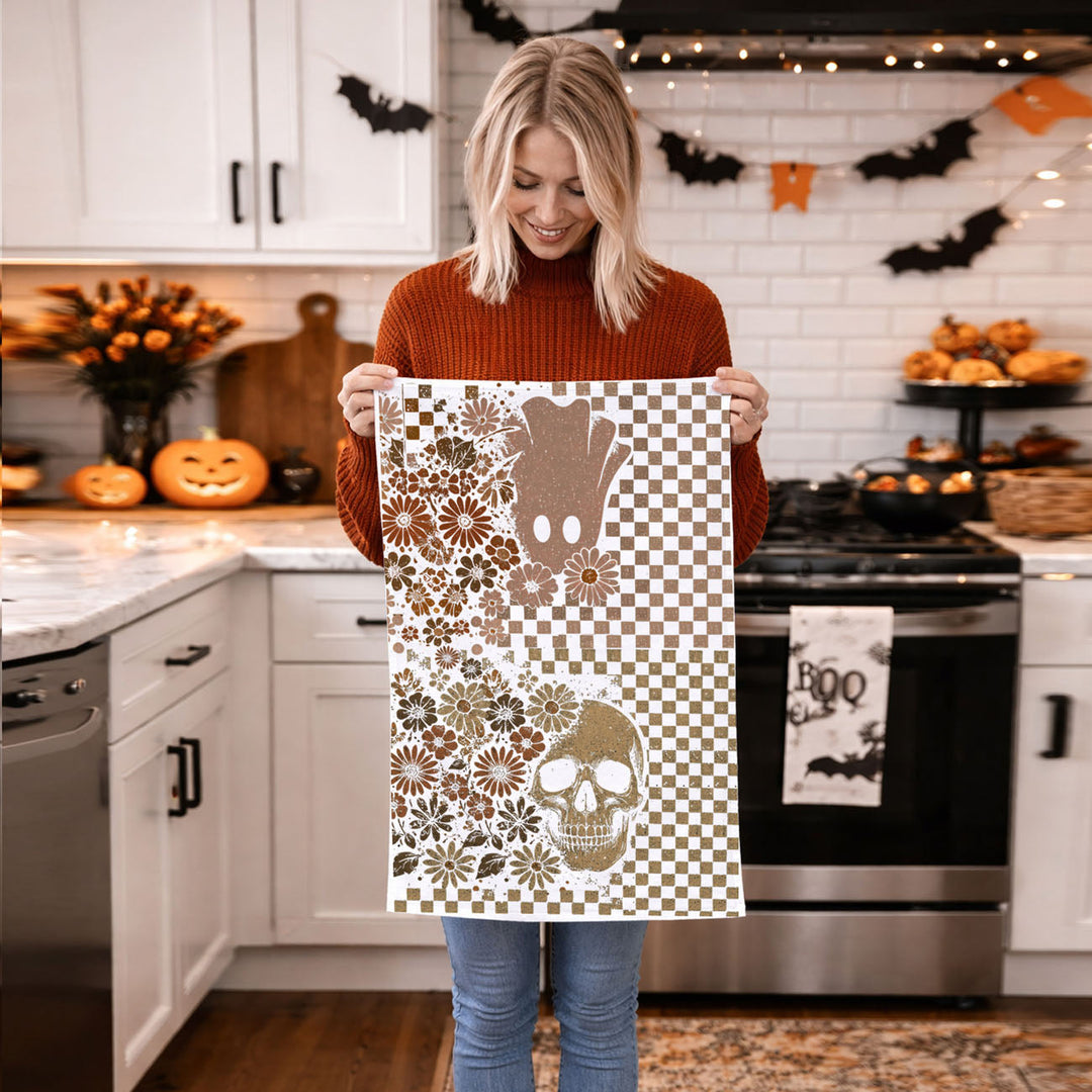 Retro Halloween Ghost Skull Kitchen Tea Towel Spooky Decor Fun Gift for Friends