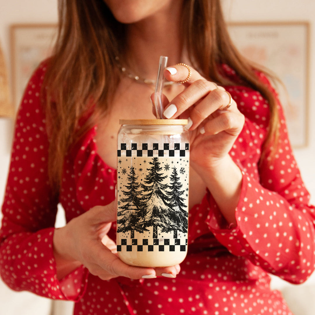 Retro Christmas Tree Glass Tumbler 17oz Bamboo Lid Straw Great Gift for Friends